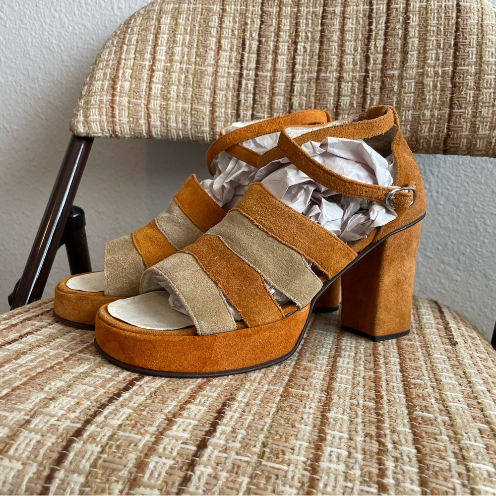 Vintage 1970s orange and tan suede strappy platform heels